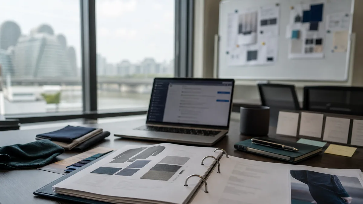 Product development and production review desk with samples and checkpoint notes