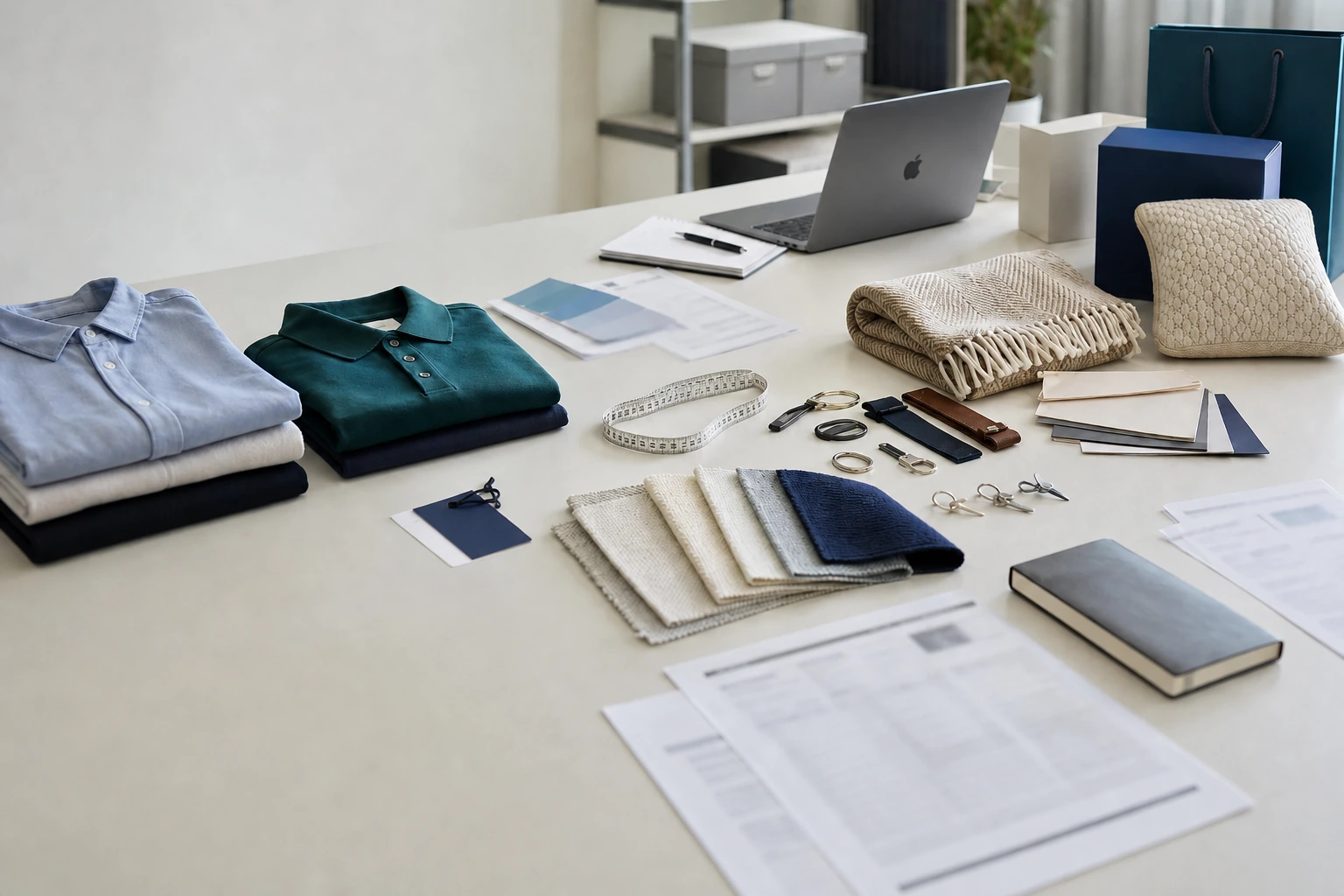 Sourcing desk with product samples, material swatches, and specification review
