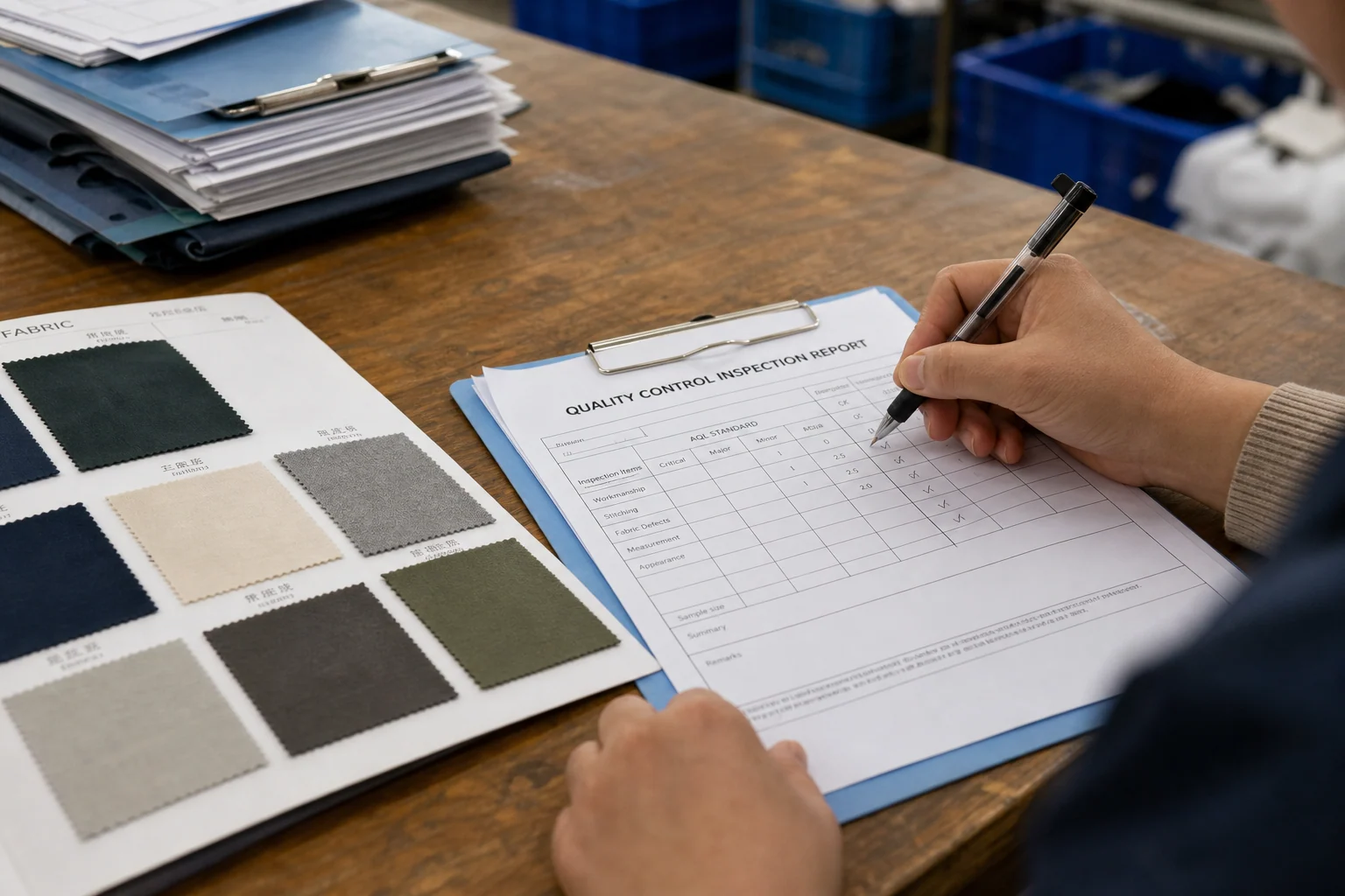 Compliance checklist and AQL inspection documents on a buyer review desk